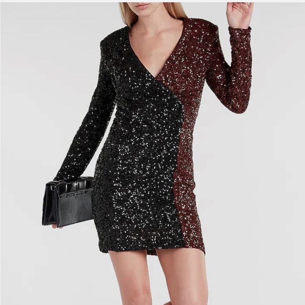 NWT Express Sequin Color Block Faux Wrap Mini Dress